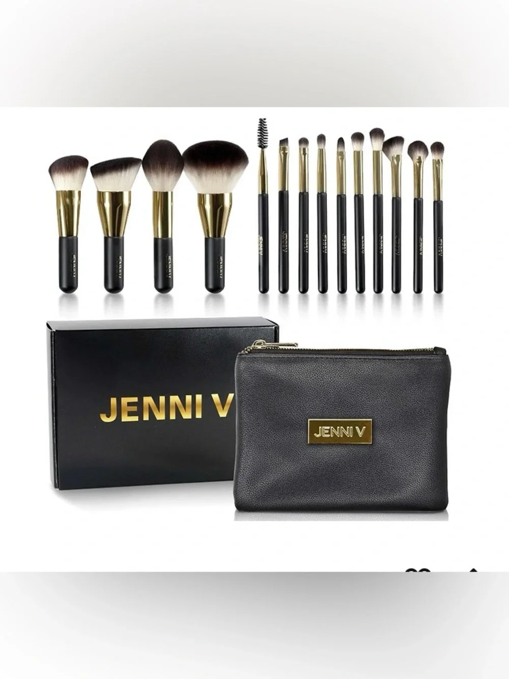 JENNI V Black & Gold Makeup 14- piece Brush Set with Bag